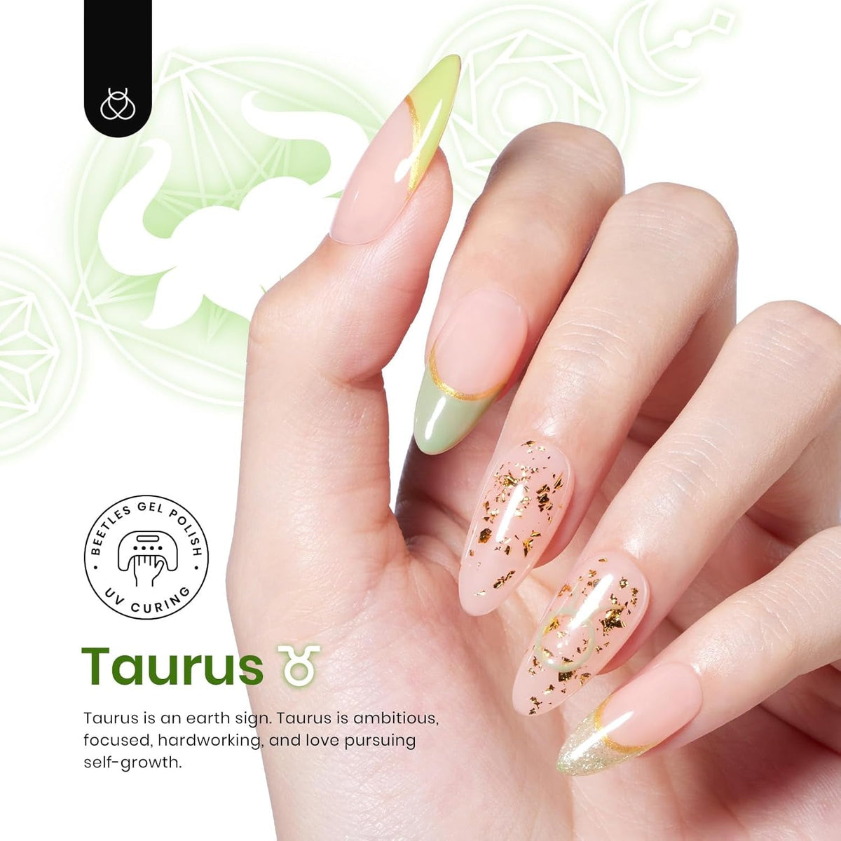 Beetles Gel Nail Polish Kit Zodiac Collection Taurus Renewal of Life 6Pcs Uv Gel Polish Soft Pink Mint Green Shimmer Glitter Gel Polish Delightful Nail Art Gift