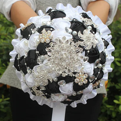 Customizable White and Black Silk Flower Wedding Bouquet Crystal Brooch Pearl Bridal Bouquet Artificial Simulation Rose wedding Holding Flower Bridesmaid Bouquet