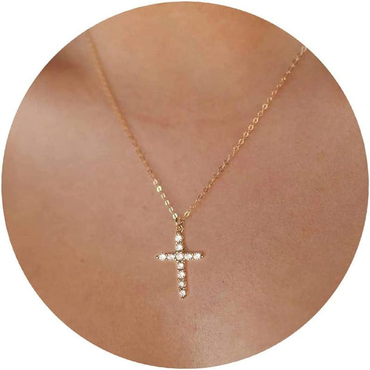 Cross Necklace for Women-Dainty Simple 14K Gold Plated Cross Pendant Cute Diamond Necklaces for Women Gold Jewelry
