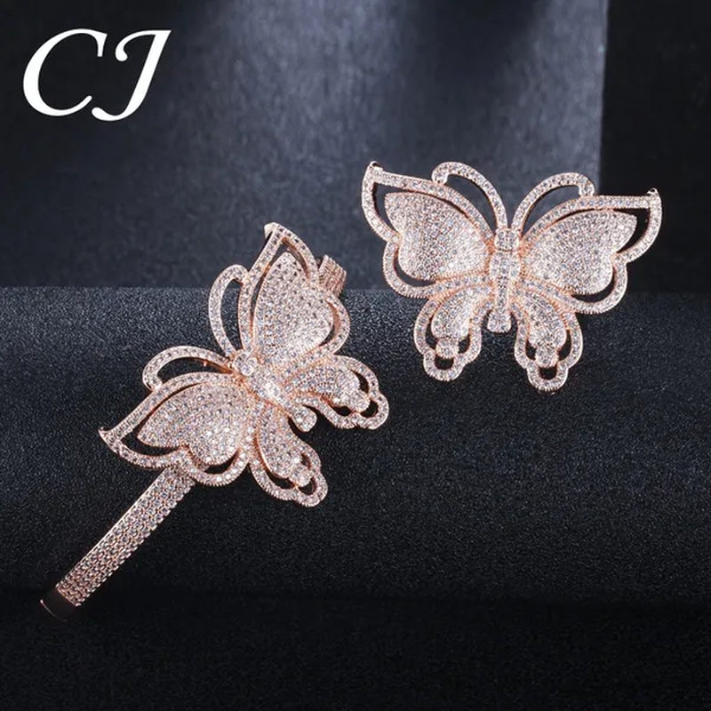CANDICE High Quality Rose White Gold Plated Full Pave Tiny Crystal Stone Big Butterfly Shape Ring and Bangle Bracelet Party Jewelry Set for Women Christmas Gift