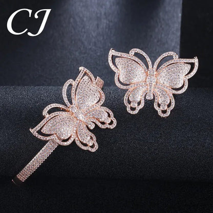 CANDICE High Quality Rose White Gold Plated Full Pave Tiny Crystal Stone Big Butterfly Shape Ring and Bangle Bracelet Party Jewelry Set for Women Christmas Gift