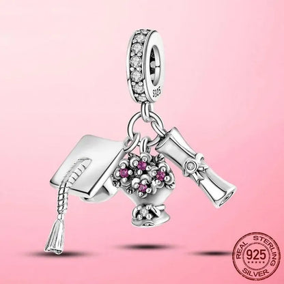 Graduation Flower Diploma Charm 925 Silver Pendant Beads fit  Bracelet Necklace Original DIY Women jewelry Gift