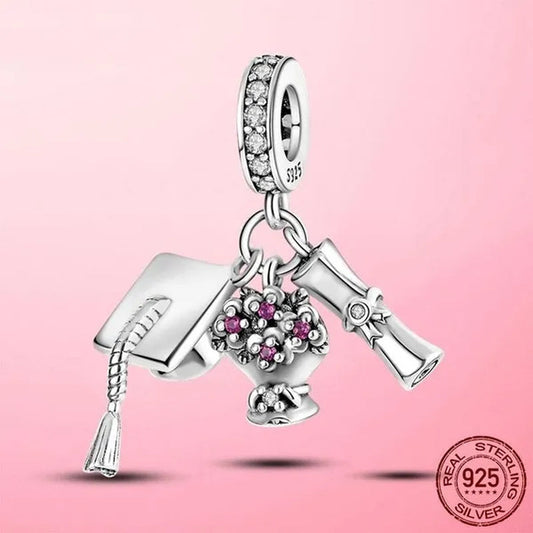 Graduation Flower Diploma Charm 925 Silver Pendant Beads fit  Bracelet Necklace Original DIY Women jewelry Gift