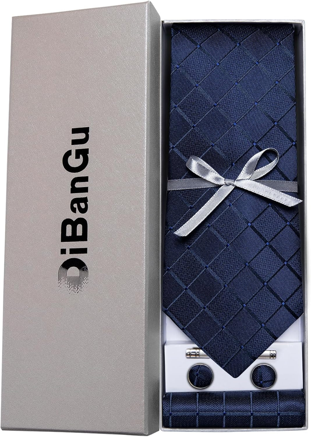 Plaid Ties for Men Silk Checkered Necktie and Pocket Square Cufflinks Tie Clip Set with Gift Box for Wedding Business