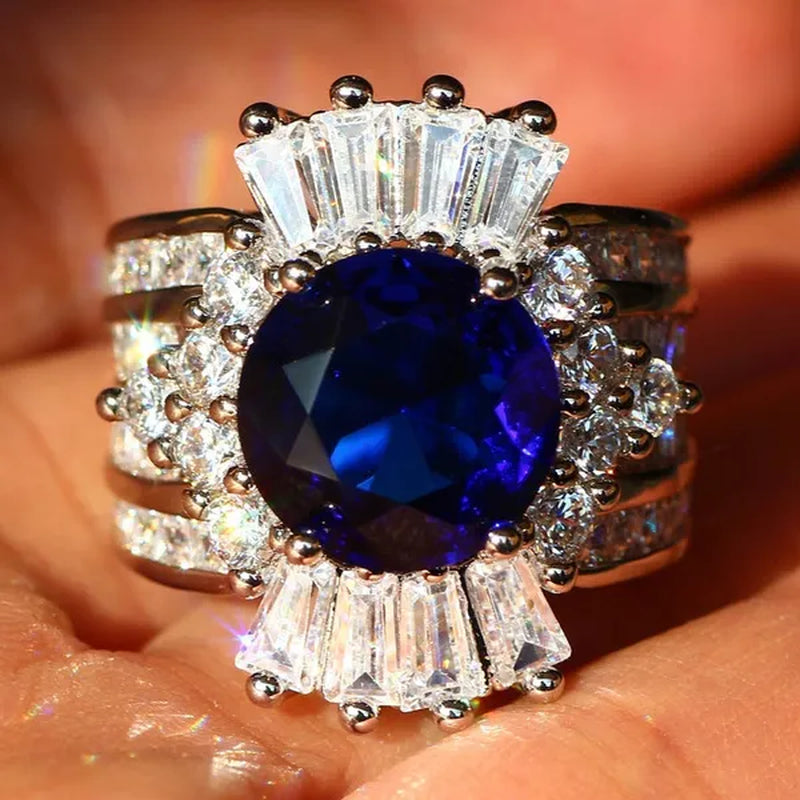 So Beautiful  Silver Natural Gemstones Sapphire And White Sapphire Wedding Birthstone Bride Engagement Anniversary Brand Big Ring Jewelry Size 6 7 8 9 10