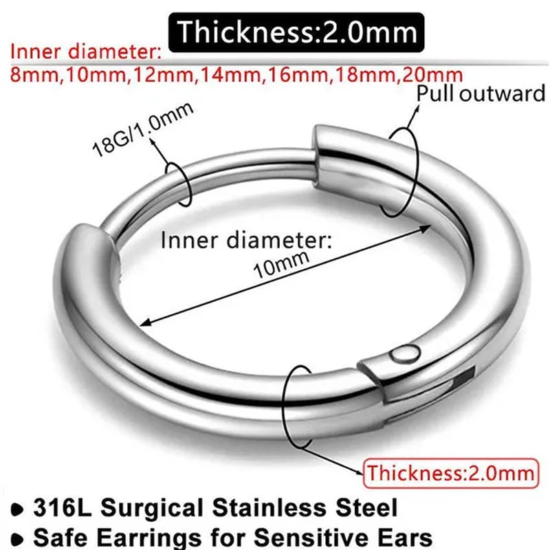 8Mm to 25Mm Unisex Stainless Steel Hoop Earring，Stainless Steel Ear Hoops Punk Style Ear Cartilage Hoop Earrings for Men and Women