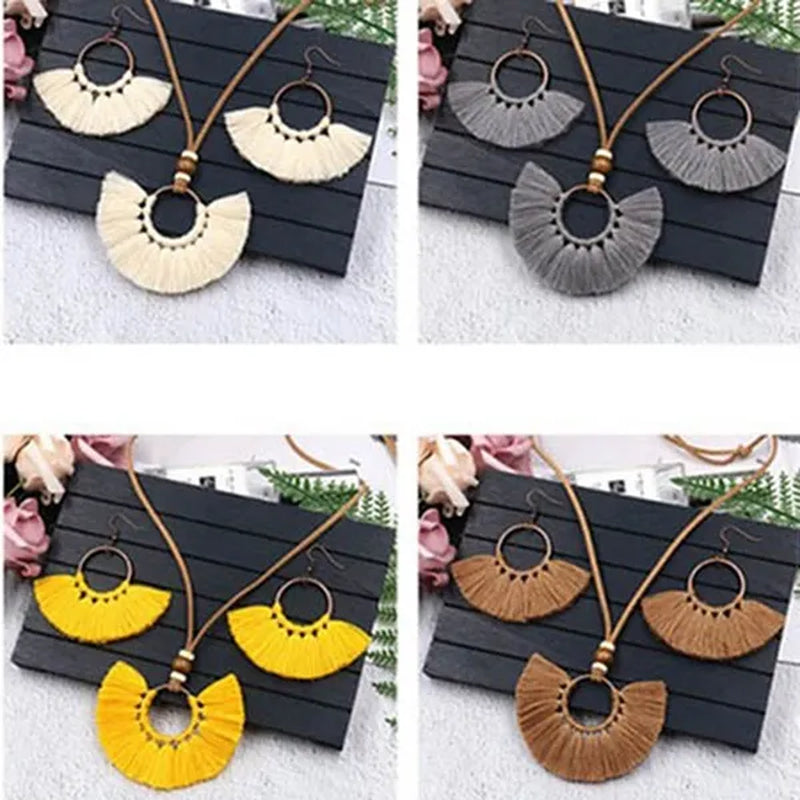 Retro Bohemia Tassel Fan-Shaped Necklace Earrings Set Tassel Jewelry Set Ethnic Big Necklace Beach Wear