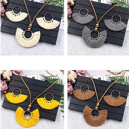 Retro Bohemia Tassel Fan-Shaped Necklace Earrings Set Tassel Jewelry Set Ethnic Big Necklace Beach Wear