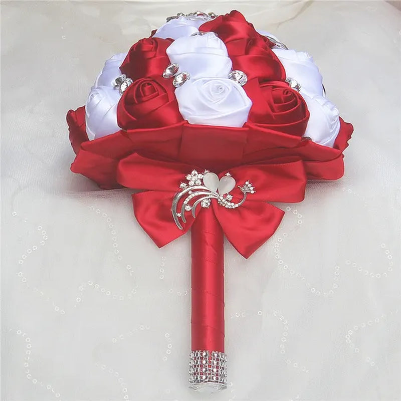 Private Custom Wedding Flower Bride Bouquet 18CM Silk Rose Wedding Bouquet Crystal Brooch Ribbon Bow Bride Bridesmaid Holding Flowers