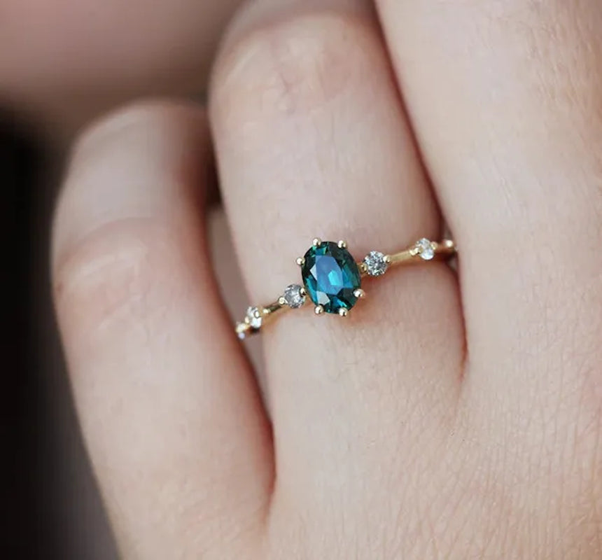 Teal Sapphire Ring, Peacock Engagement Ring, Ceylon Sapphire Diamond Ring, Oval Blue Ring