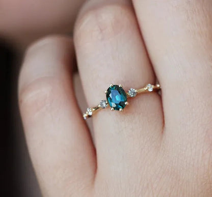 Teal Sapphire Ring, Peacock Engagement Ring, Ceylon Sapphire Diamond Ring, Oval Blue Ring