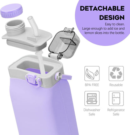 Collapsible Water Bottles, 20Oz Silicone Reusable Water Bottle with Straw and Strap, Leakproof Foldable Sports Water Bottle for Travel Camping Running Hiking Gym, BPA Free