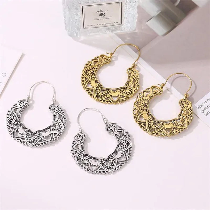 Vintage Fashion Ladies Boho 925 Silver Petal Heart Metal Totem Earrings Earrings Large Hoop Earrings Charm Bridal Wedding Engagement Earrings Anniversary Birthday Party Gift Jewelry 1 Pair