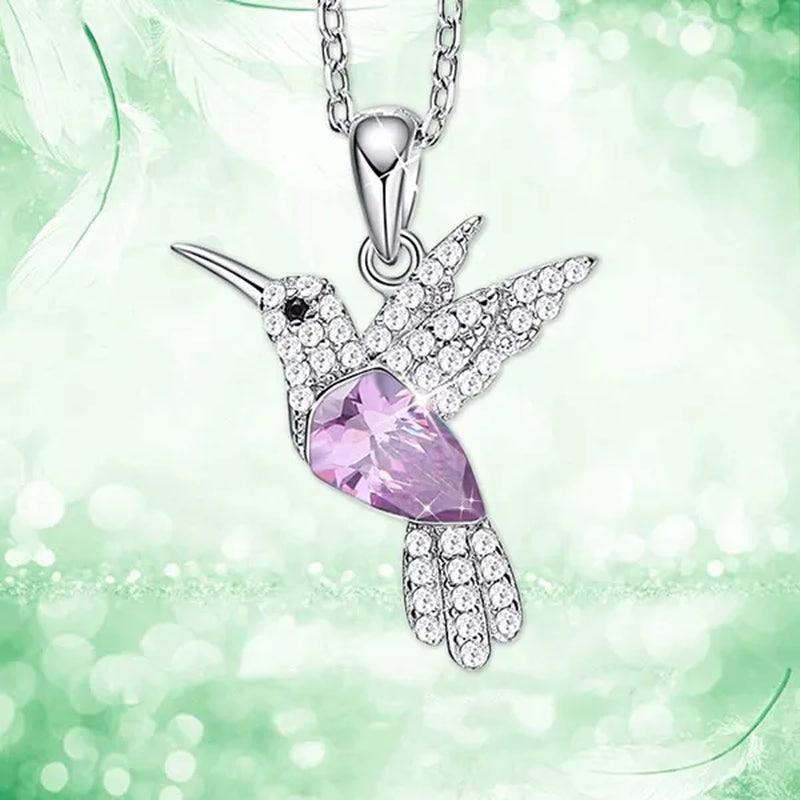 Hummingbird  Silver Jewelry Set Women Pendant Necklace and Stud Earring Set CrystalsFine Animal Jewelry, Gift for Mothers Day
