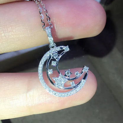 New Luxury Hollow Out Half Moon Zircon Pendant Necklace Silver Plated Engagement Wedding Elegant Clavicle Necklace for Women Fashion Necklaces Anniversary Gift