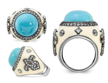 Sterling Silver Synthetic Turquoise Cocktail Fleur-De-Lys Ring with Synthetic Cubic Zirconia (CZ) in Sterling Silver