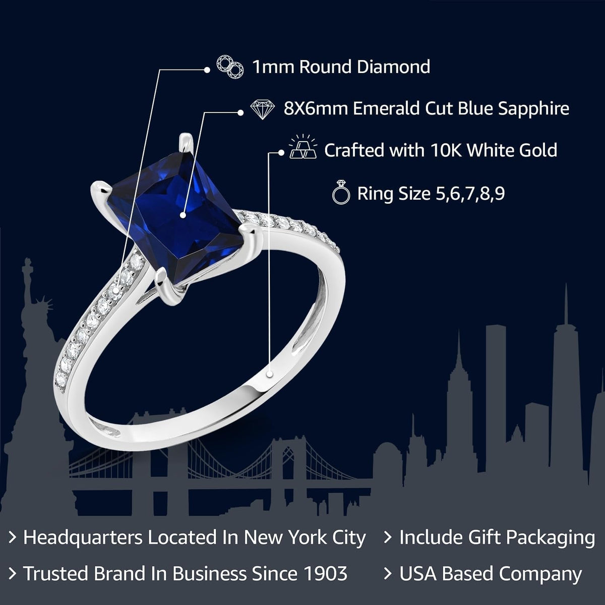10K White Gold Emerald Cut 8X6MM Gemstone Birthstone and White Diamond Engagement Ring | Wedding Anniversary Promise Gold Ring for Women | Available in Size 5-9