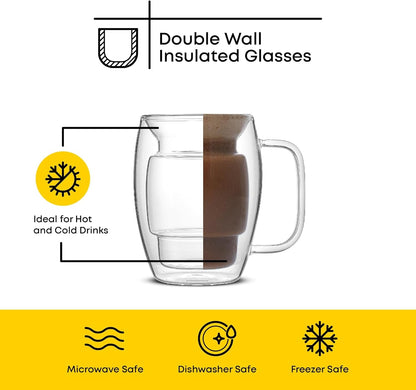 Cadus Glass Coffee Cups Double Wall Insulated Mugs Set of 2 Latte Glasses, 16-Ounces.