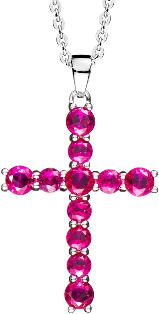 Gemstone Cross Necklace 925 Sterling Silver Created Birthstone Cross Prong Pendant Necklace Faithful Gift Ideas Fine Jewelry for Her Girlfriend Women Girls, 16" + 2" Extender