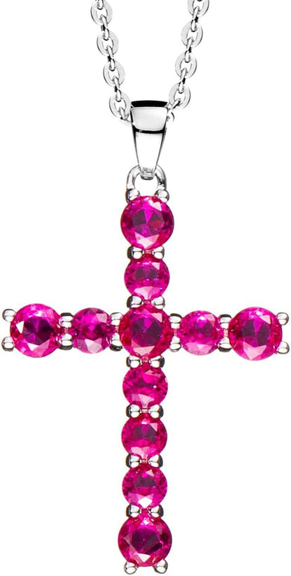 Gemstone Cross Necklace 925 Sterling Silver Created Birthstone Cross Prong Pendant Necklace Faithful Gift Ideas Fine Jewelry for Her Girlfriend Women Girls, 16" + 2" Extender