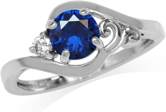 Created Sapphire Blue and White Cubic Zirconia Gold Plated 925 Sterling Silver Engagement Ring Size 6