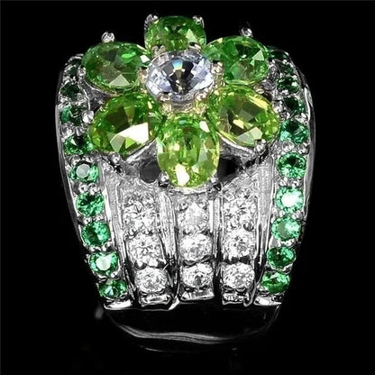 925 Sterling Silver Rings Oval Cut 12.17CT Natural Tsavorite Chrome Diopside Diamond Cocktail Ring Party Wedding Bands
