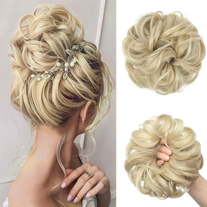 Large Messy Bun Hair Piece Wavy Curly Scrunchies Synthetic Chignon Ponytail Hair Extensions Thick Updo Hairpieces for Women Ash Blonde