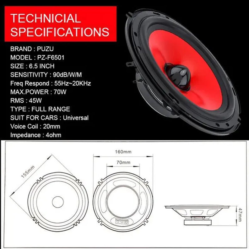 2Pcs 6.5 Inch 90W Full Range Frequency Car Audio Speaker Heavy Mid-Bass Ultra-Thin Modified Speakers