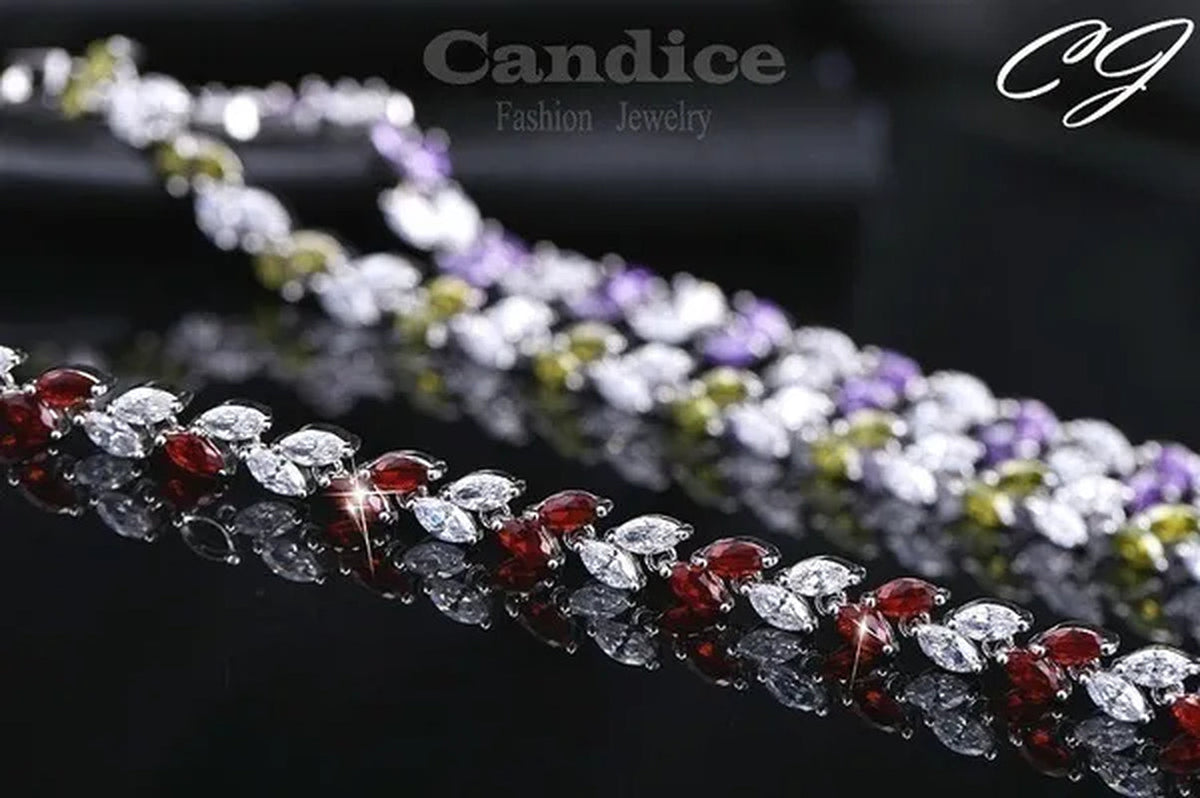 CANDICE 100% Real Silver Female Jewelry Simple Leaf Shape Multicolor Cubic Zirconia Strand Bracelet For Lady