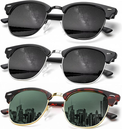 Sunglasses Men Polarized Sunglasses for Men Women Unisex Semi-Rimless Frame Retro Driving Sun Glasses UV Blocking