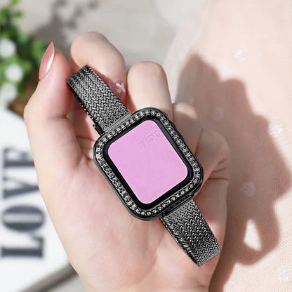 Slim Metal mesh belt Loop+Diamond Case for Apple Watch 7 Band 42mm 44mm Women's Strap on Smart Iwatch Bracelet Series 7 SE 65432 41mm 45mm
