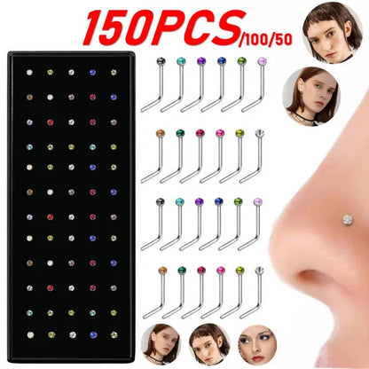 150/100/50PCS Fashion Stainless Steel CZ Crystal L Shape Diamond Rhinestone Nose Ring Body Piercing Stud Jewelry Bone 20 Gauge for Women Girls 2 Types