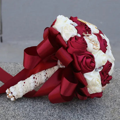 21CM Silk Rose Wedding Flower Bouquet Pearl Rhinestone Brooch Bouquet Bride Bridesmaid Holding Flowers Wedding Party Shooting Props