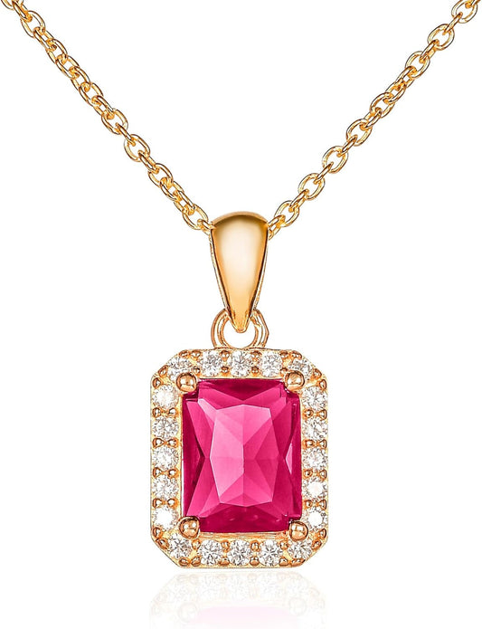 925 Sterling Silver Necklace for Women with a Clear, Blue, Red or Green Emerald-Cut CZ Stone, Emerald Cut Silver or Gold Necklaces for Women, Rectangle Pendant Necklace for Women