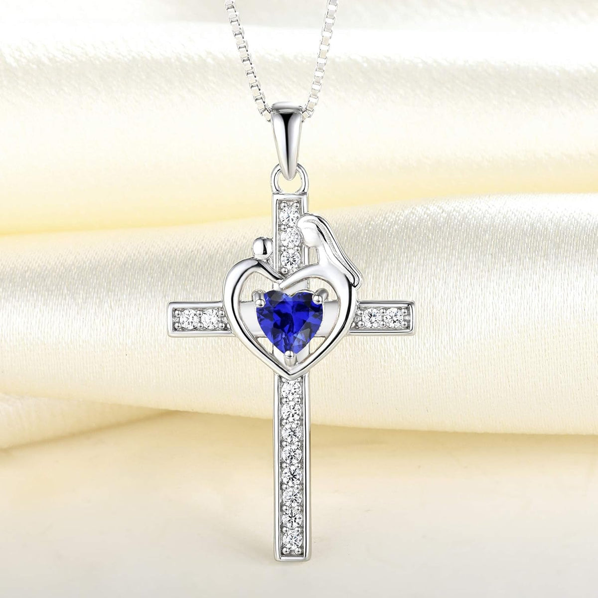 Mom Cross Necklace 925 Sterling Silver Mother Pendant Birthstone Mum Jewelry for Women