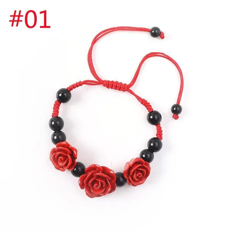 1/3pcs Fashion Women Rose Bracelet Ethnic Handicraft Lacquer Carved Cinnabar Rose Flower Bracelet For Women Red Rope Beaded Bracelet