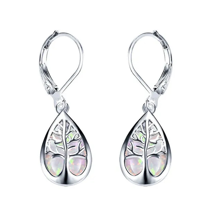 Luxurious Fashion 925 Sterling Silver Filled Life Tree Drop Earrings for Women Water Drop Stone Blue Fire Opal Birthstone Earrings