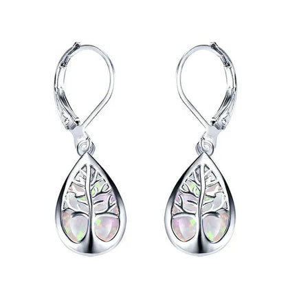 Luxurious Fashion 925 Sterling Silver Filled Life Tree Drop Earrings for Women Water Drop Stone Blue Fire Opal Birthstone Earrings