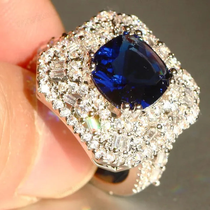 Luxury  Silver White Sapphire & Ruby Ring Natural Gemstones Sapphire Ring Birthstone Engagement Rings Wedding Anniversary Bride Women Bowknot Princess Cross Flower Ring Size 6 7 8 9 10