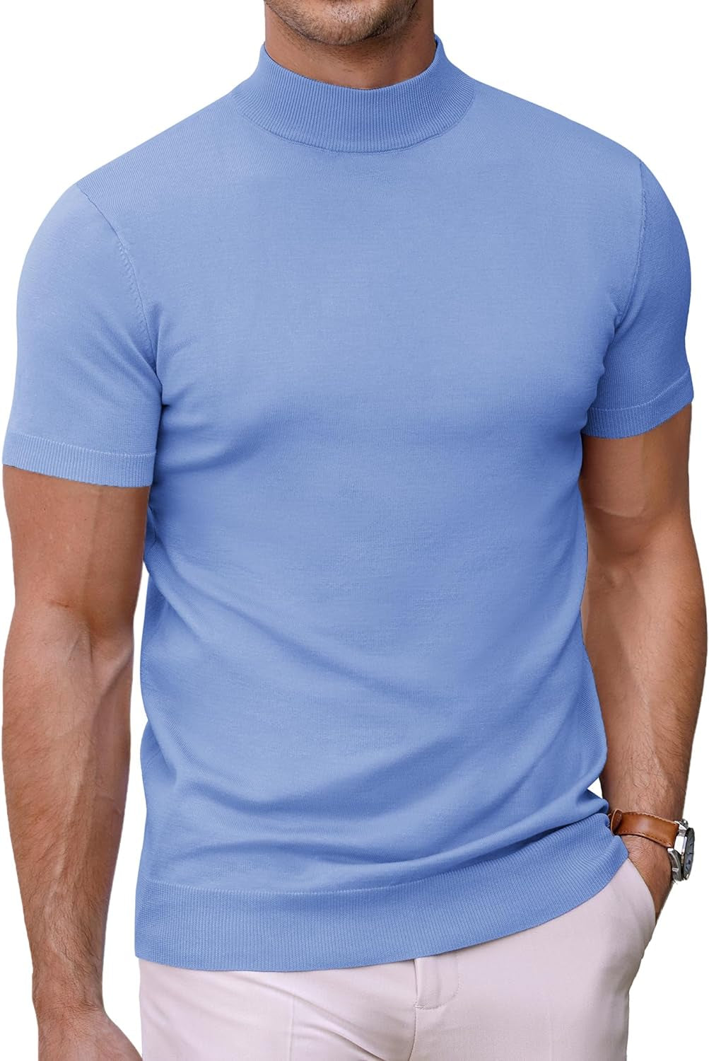 Mens Mock Turtleneck Sweater Short Sleeve Solid Color T-Shirts Basic Slim Fit Knitted Pullover Tees