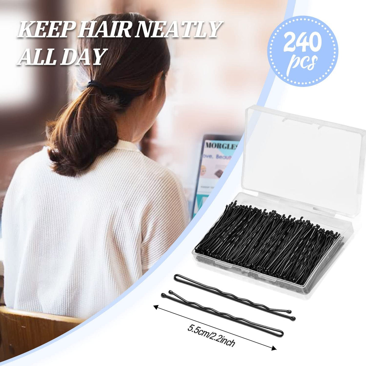 240 Pcs Bobby Pins Black,  2.2 Inches Bobby Hair Pins for All Hair with Box