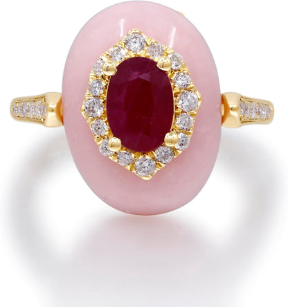 14K Yellow Gold Mozambique Genuine Ruby and Pink Opal Ring with Diamonds for Women | Ethically, Authentically & Organically Sourced (Oval-Cut) Shaped Ruby Hand-Crafted Jewelry for Her | Ruby Ring for Women