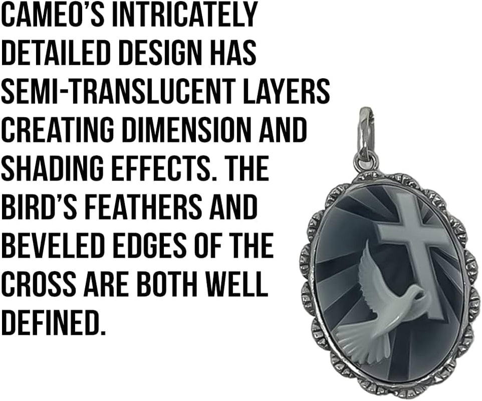 Dove with Cross Cameo Pendant | 925 Sterling Silver | Religious Jewelry | 24'' Chain | Gift Boxed, Silver, White