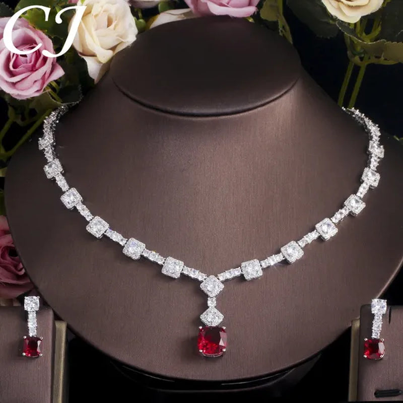CANDICE Fashion Modern Bridal Party Jewelry White Cubic Zirconia with Exquisite Red Stone Square Drop Necklace Earrings Set for Brides