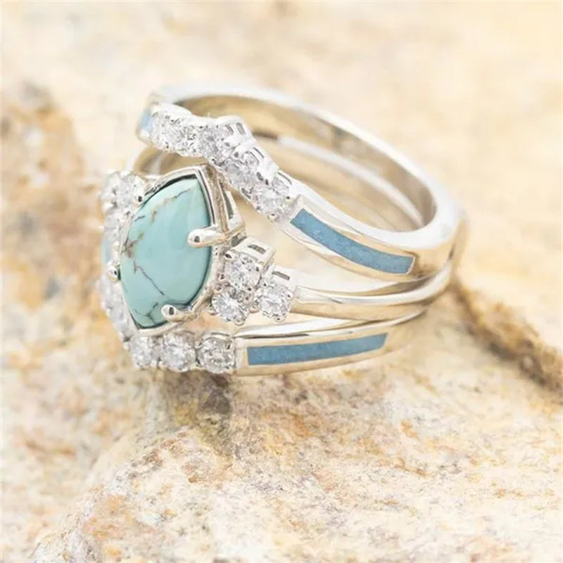 3 Pieces/Set Womens Gold Plated Multilayer Hollow Turquoise Rings with Delicate Moissanite Engagement Wedding Rings Anniversary Birthday Christmas Gift Jewelry Sizes 5-11