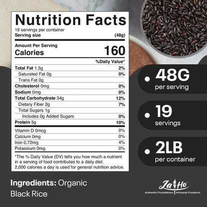 Certified USDA Organic Black Rice Whole Grain - 2 LB - Gluten Free, Vegan, Non-Gmo - Resealable Zip Lock Pouch - by