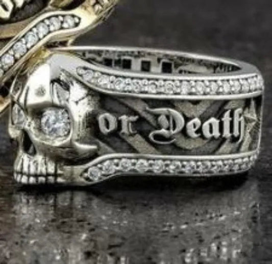 Vintage Stainless Steel Micro Inlaid Cubic Zirconia Gothic "Freedom or Death" Skeleton Skull Cocktail Rider Statement Halloween Christmas Ring Gift