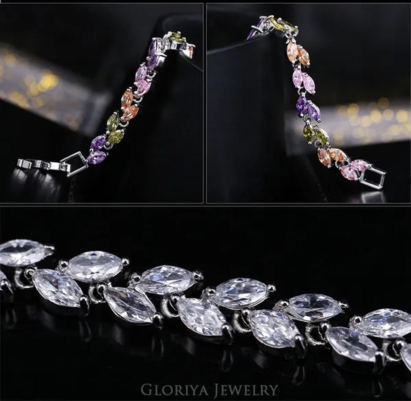 Gloriya Silver Plated Inlay Black and White AAA Grade CZ Crystal Leaf Chain Bracelet Bangle for Women 2024 Fashion Design Fashion Mujer Jewelry