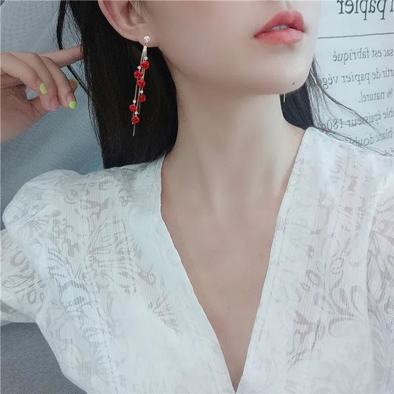 New Exquisite Women'S Fashion S925 Silver Needle Diamond Rose Long Tassel Earring Jewelry Gift