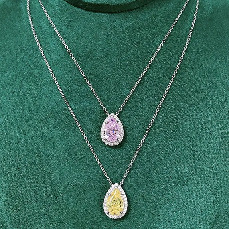 Bridal Wedding Necklace Jewelry 4 Claw Setting Waterdrop Cut Citrine Pink Gemstone Side Stone Lab Diamond Silver Plated Necklace for Women